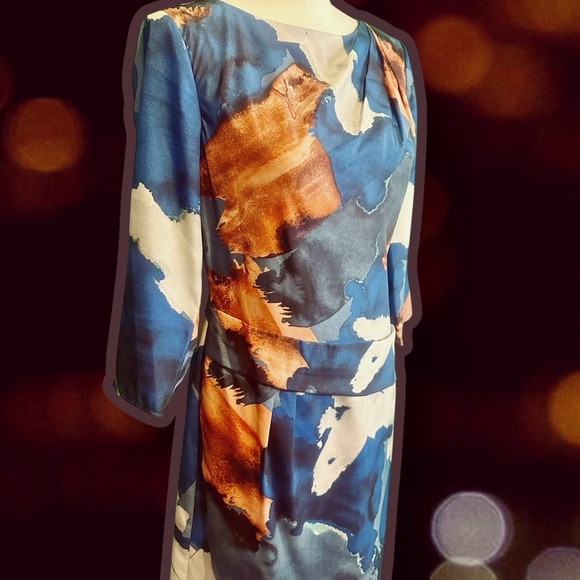 NWOT Vince Camuto Blue & Copper Abstract Watercolor Print Pleated Shift Dress 8 - Picture 14 of 15